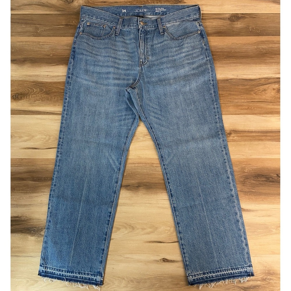 J.Crew 84 Straight‎ Womens Jeans Size 34 Light Wash Denim Distressed Hem Casual